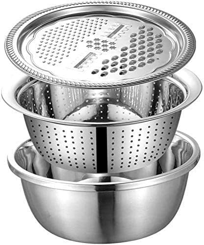 SHETAPRIDE 3in1 Stainless Steel Food Strainer Grater Slicer and Colander with Lid Vegetables Fruits and Drainer Bowl Silver - Image 1