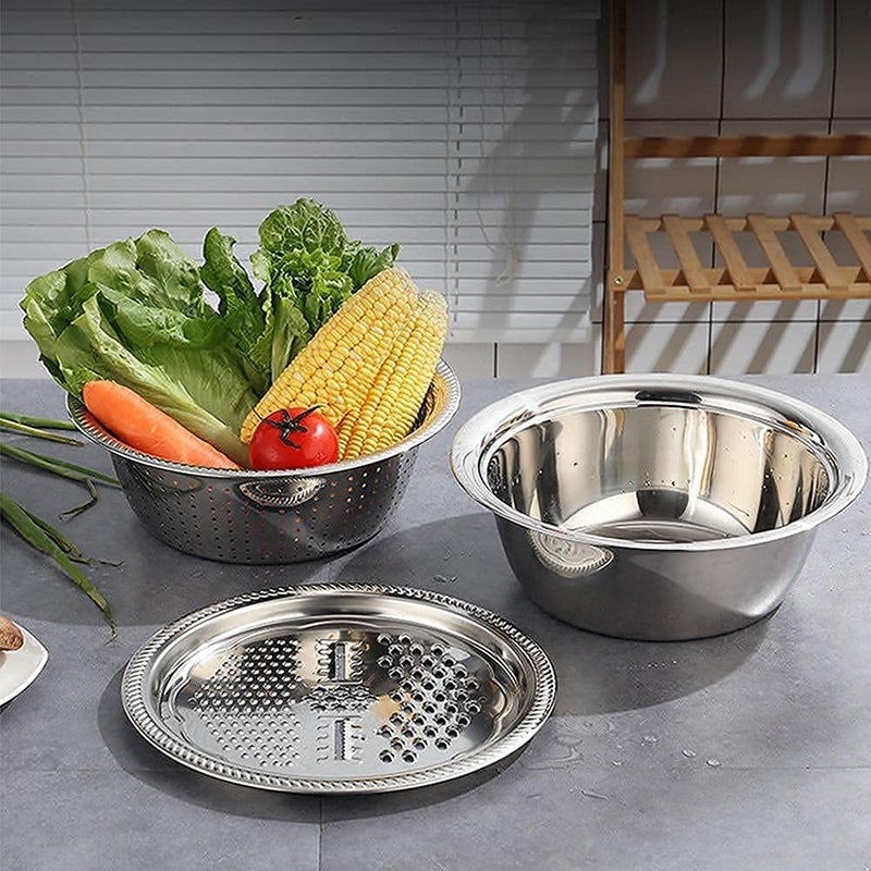 SHETAPRIDE 3in1 Stainless Steel Food Strainer Grater Slicer and Colander with Lid Vegetables Fruits and Drainer Bowl Silver - Image 2