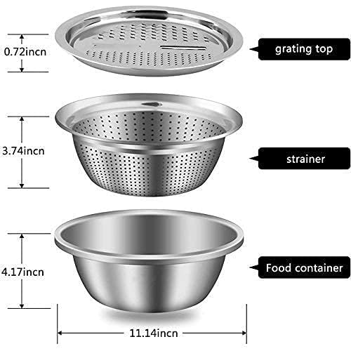 SHETAPRIDE 3in1 Stainless Steel Food Strainer Grater Slicer and Colander with Lid Vegetables Fruits and Drainer Bowl Silver - Image 3