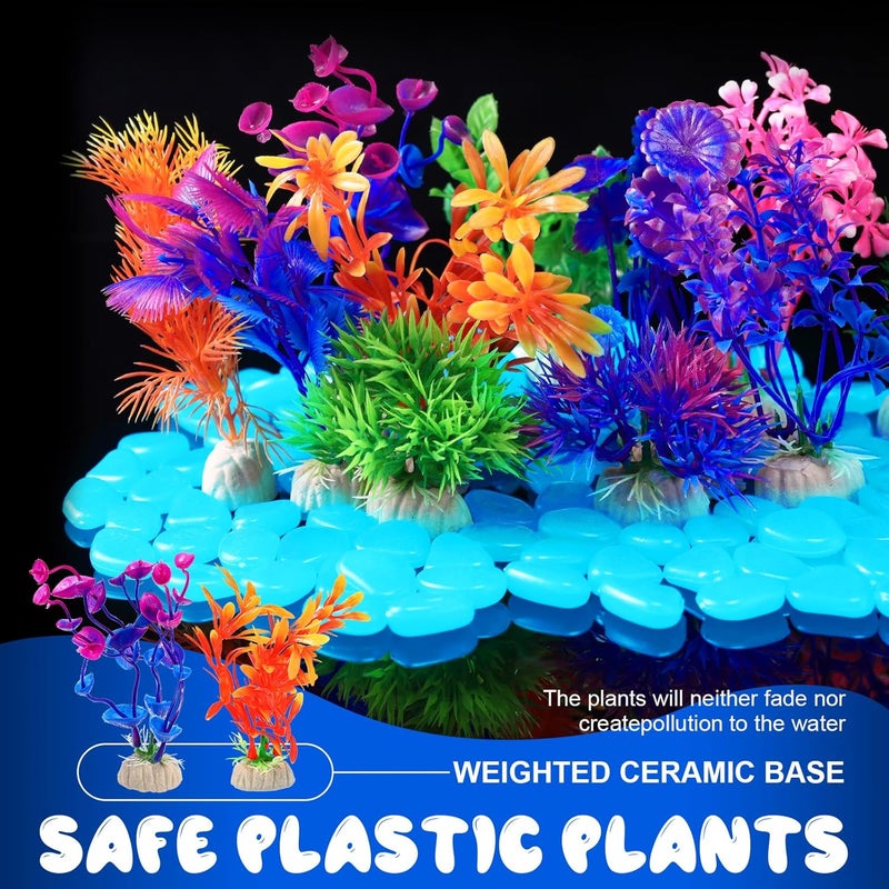 Jexine حجارة حوض السمك جكسين 100 قطعة تتلألأ باللون الأزرق مع 10 عبوات من النباتات المائية الاصطناعية وزينة الشعاب المرجانية للأحواض - Image 4