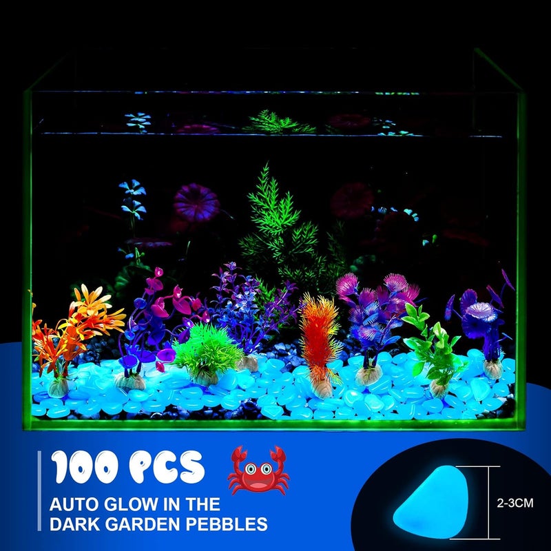 Jexine حجارة حوض السمك جكسين 100 قطعة تتلألأ باللون الأزرق مع 10 عبوات من النباتات المائية الاصطناعية وزينة الشعاب المرجانية للأحواض - Image 5