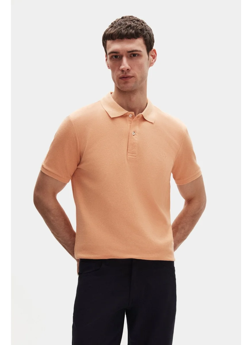 D'S DAMAT Regular Fit Apricot Pique Textured 100% Cotton Non-Curl Polo Collar Embroidered T-shirt 4HC14ORT51000
