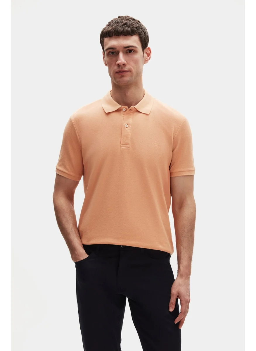 D'S DAMAT Regular Fit Apricot Pique Textured 100% Cotton Non-Curl Polo Collar Embroidered T-shirt 4HC14ORT51000