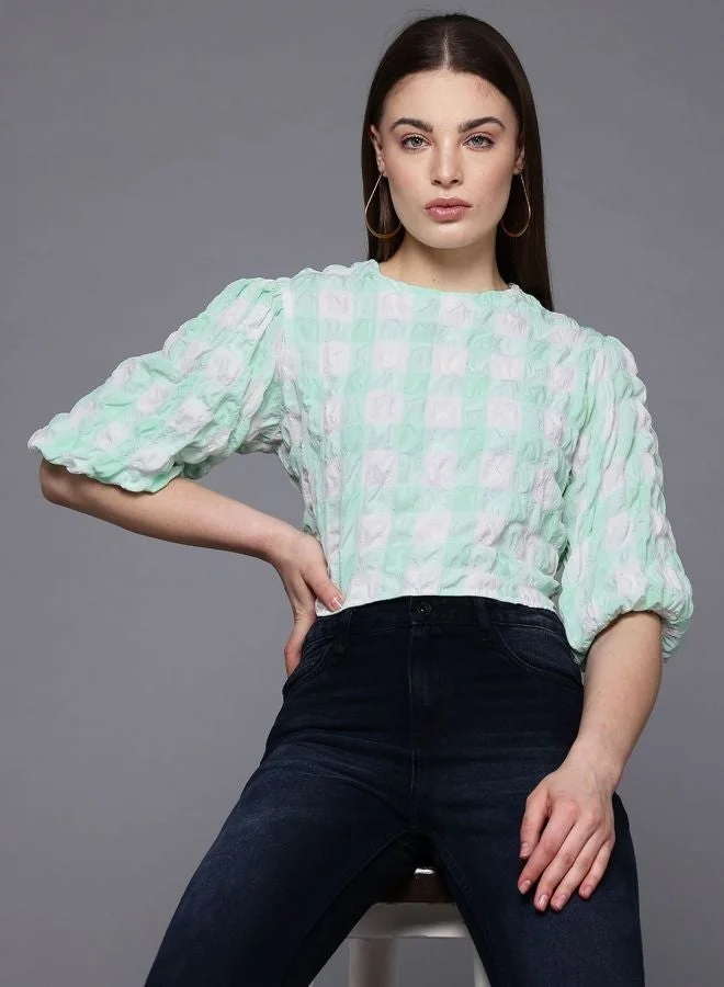 Freehand  Women Regular Fit Textured Round Neck Short Sleeve Regular Top  | Best Price UAE
