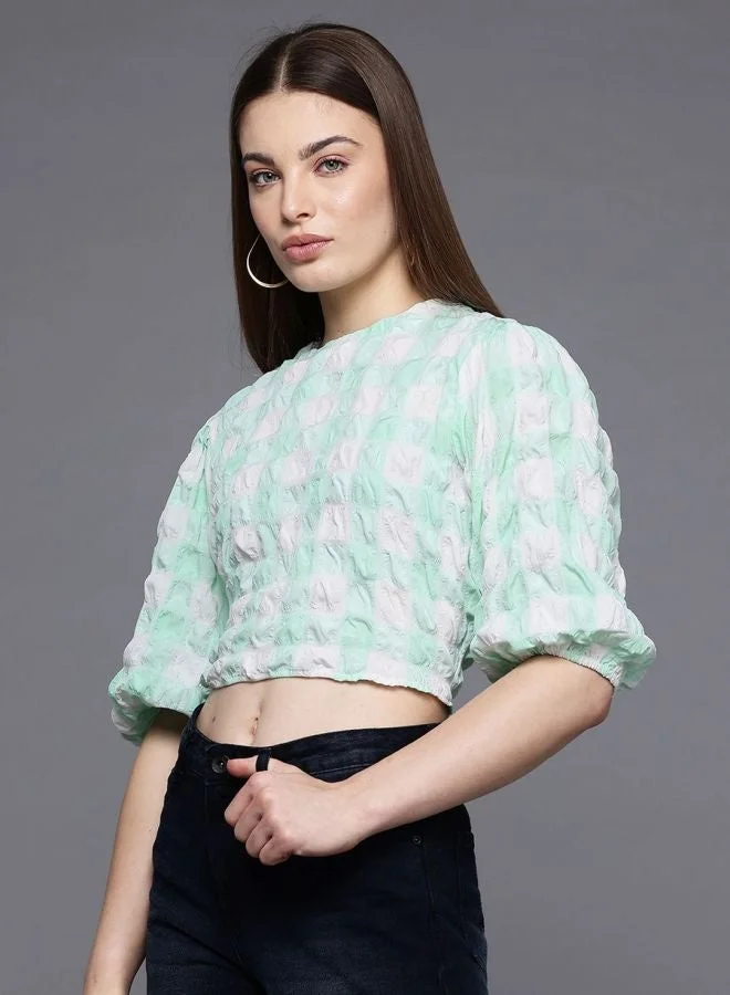 Women Regular Fit Textured Round Neck Short Sleeve Regular Top