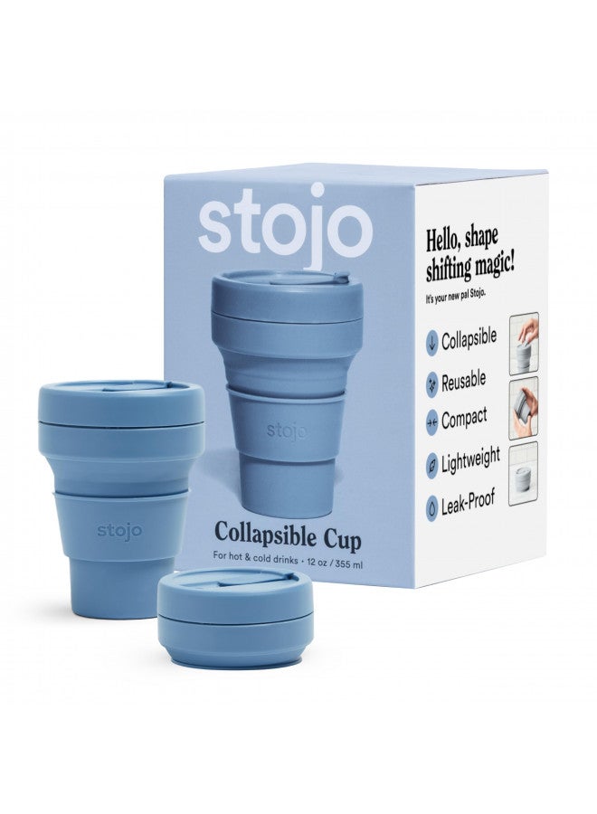 Stojo STOJO Collapsible Travel Cup - Steel Blue, 12oz / 355ml - Leak-Proof Reusable To-Go Pocket Size Silicone Bottle for Hot & Cold Drinks - Camping & Hiking - Dishwasher Safe - No Straw Included  - Image 1