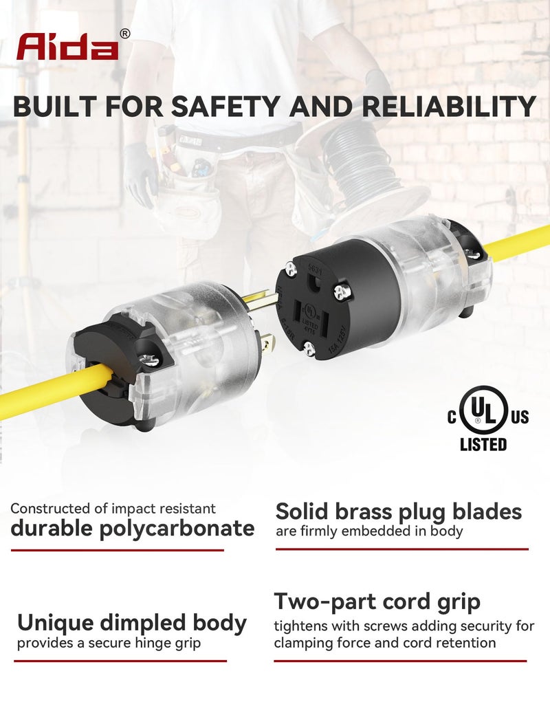 AIDA Lighted Plug and Connector Set, Straight Blade Cord End Replacement, 15 Amp 125Volt, NEMA 5-15P & NEMA 5-15R, 2 Pole 3Wire Grounding, Black, 1 Set - Image 4