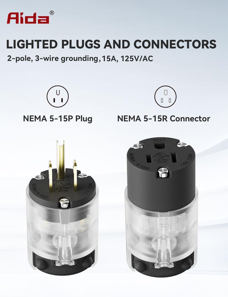 AIDA Lighted Plug and Connector Set, Straight Blade Cord End Replacement, 15 Amp 125Volt, NEMA 5-15P & NEMA 5-15R, 2 Pole 3Wire Grounding, Black, 1 Set - Image 2