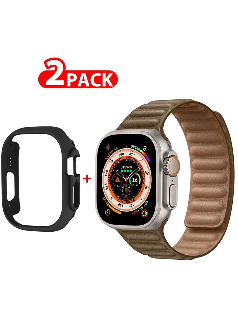 CATANES - 2 Packs For Apple Watch Band 49mm Leather Link Strap Magnetic Loop Bracelet and Black Cup Holder Dark Brown - Image 1