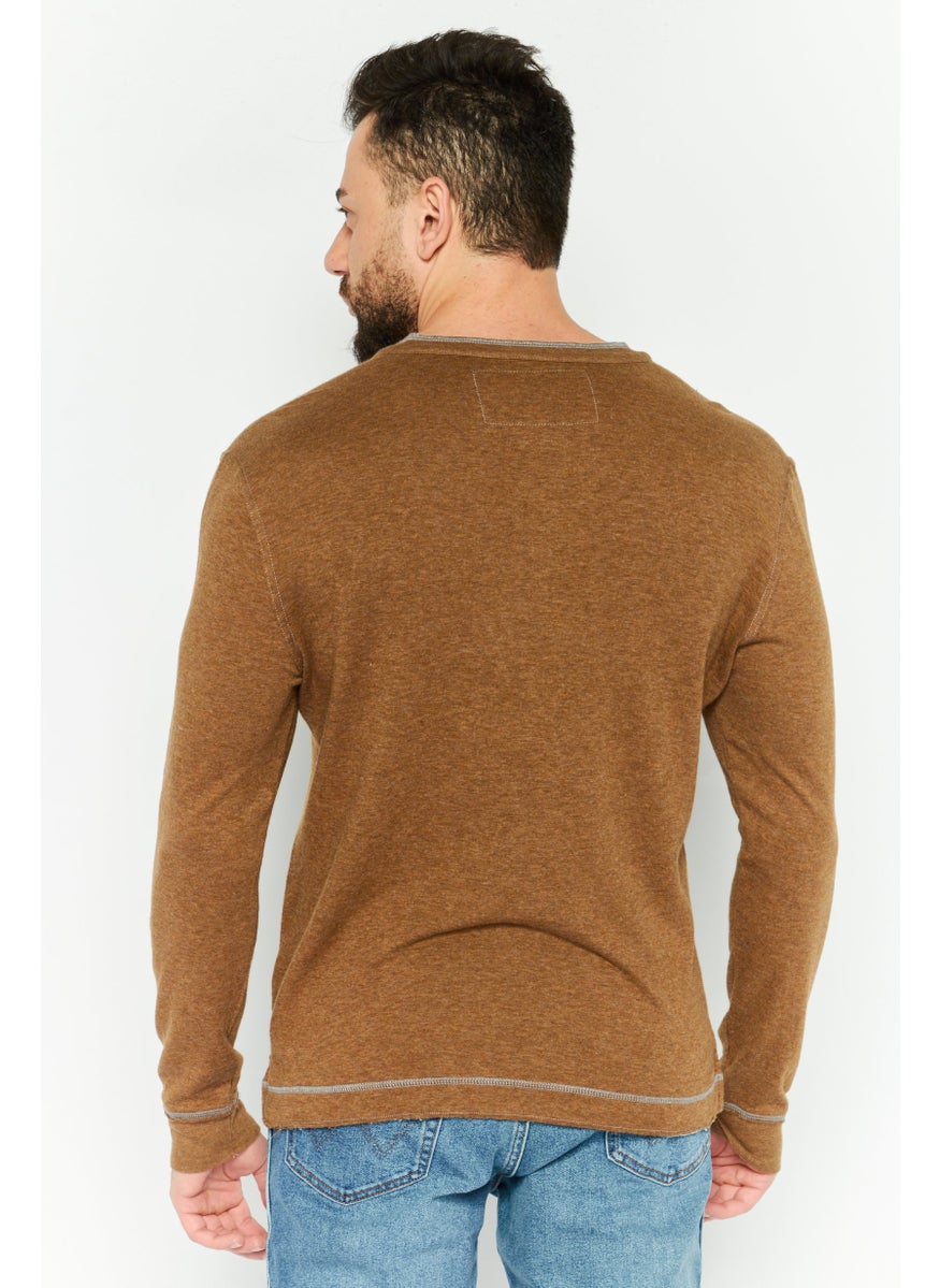 TRUE GRIT - Men Henley Neck Long Sleeve Heather T-Shirts, Mocha - Image 1