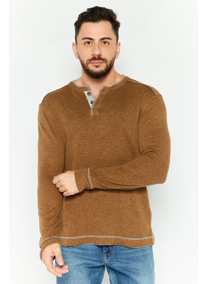 TRUE GRIT - Men Henley Neck Long Sleeve Heather T-Shirts, Mocha - Image 1