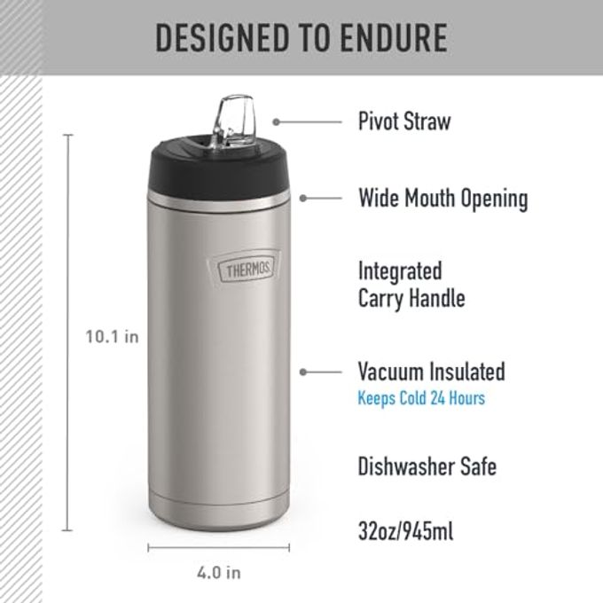 THERMOS Icon Series By Thermos Stainless Steel Water Bottle With Straw Lid, 32 Ounce, Matte Stainless Steel - Image 5