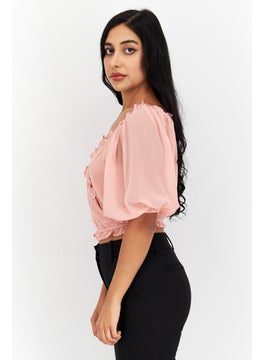1 State Women V Neck Short Sleeves Plain Top, Pink  - Image 2