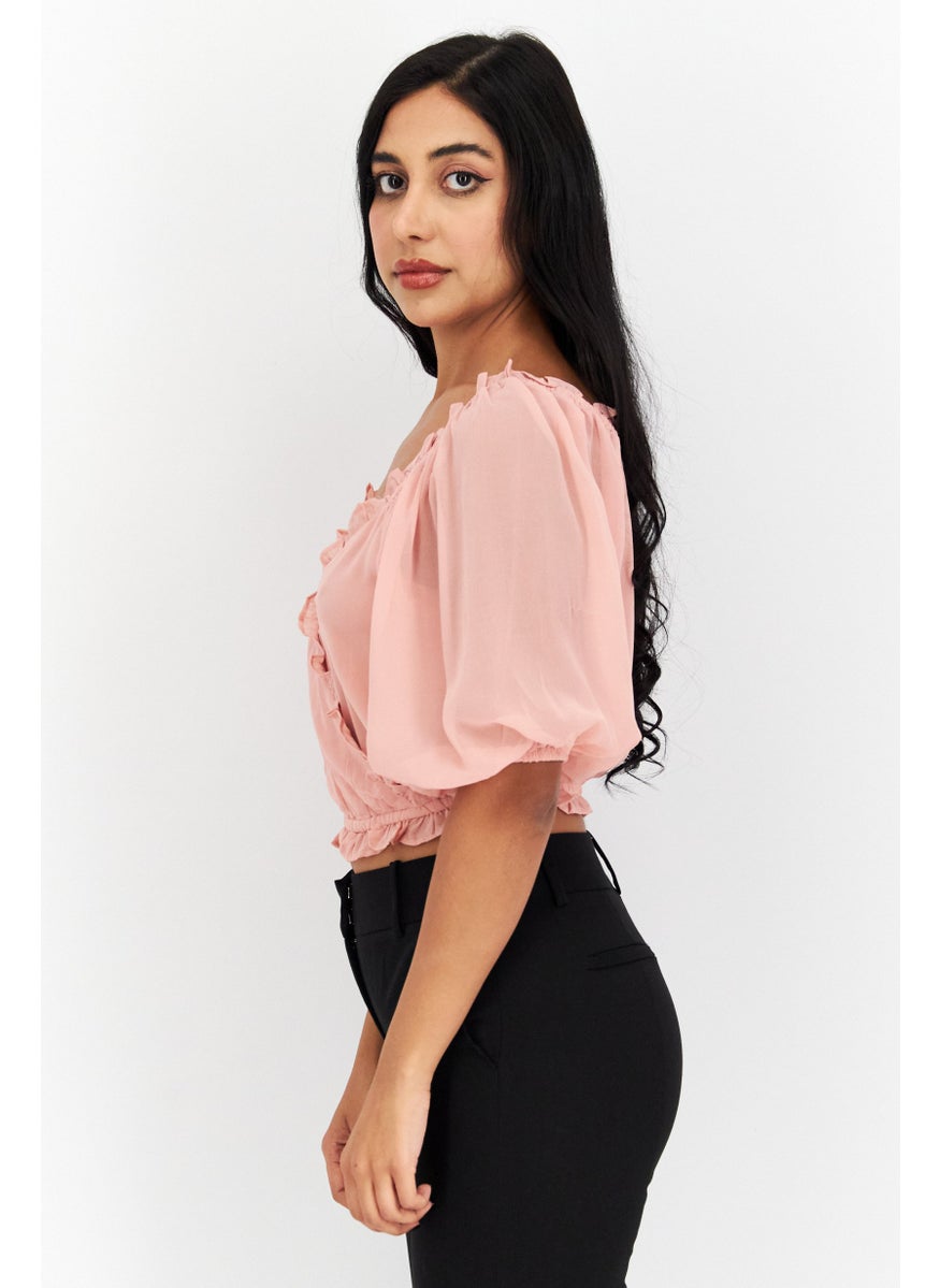 1 State Women V Neck Short Sleeves Plain Top, Pink  - Image 2