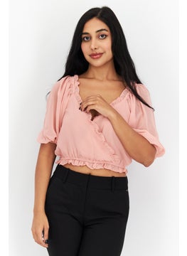 1 State Women V Neck Short Sleeves Plain Top, Pink  - Image 1