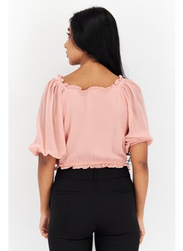 1 State Women V Neck Short Sleeves Plain Top, Pink  - Image 3