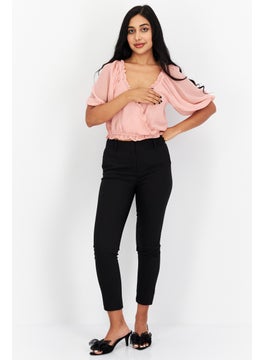 1 State Women V Neck Short Sleeves Plain Top, Pink  - Image 4