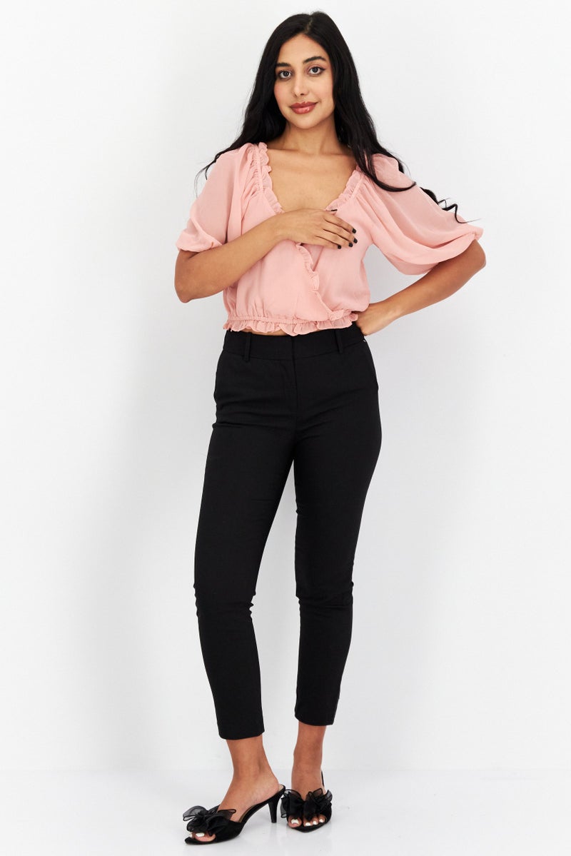 1 State Women V Neck Short Sleeves Plain Top, Pink - Image 4