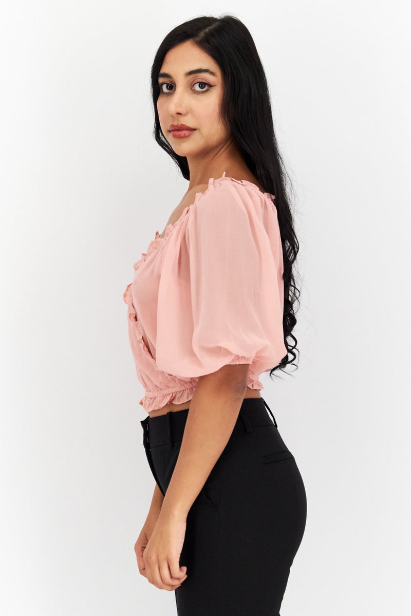 1 State Women V Neck Short Sleeves Plain Top, Pink - Image 2