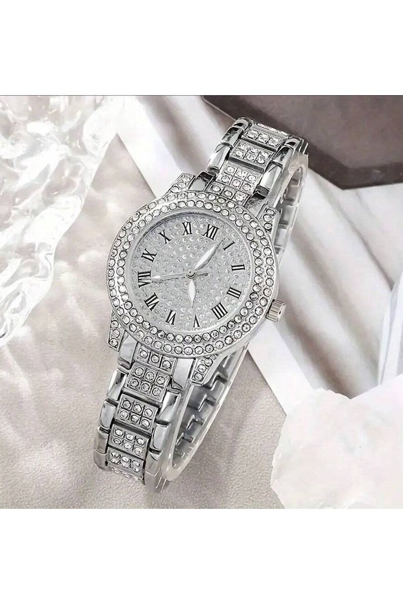 Luxury women's accessory set consisting of 5 pieces, including a women's watch, bracelet, necklace, earrings, and ring in silver color, adorned with sparkling rhinestones. Rust-resistant set, perfect for gifting to a loved one, as a graduation gift, birthday gift, and for all special occasions. Box not included - Image 1