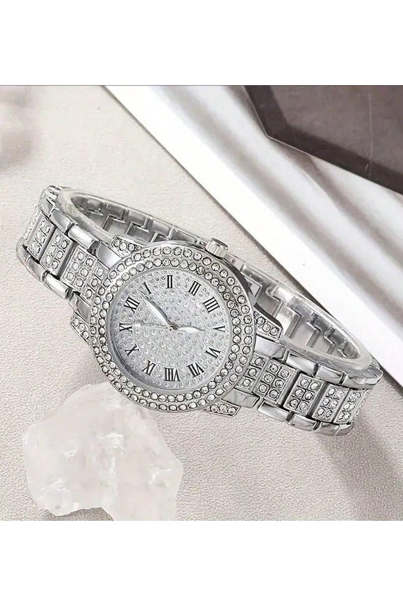 Luxury women's accessory set consisting of 5 pieces, including a women's watch, bracelet, necklace, earrings, and ring in silver color, adorned with sparkling rhinestones. Rust-resistant set, perfect for gifting to a loved one, as a graduation gift, birthday gift, and for all special occasions. Box not included - Image 2