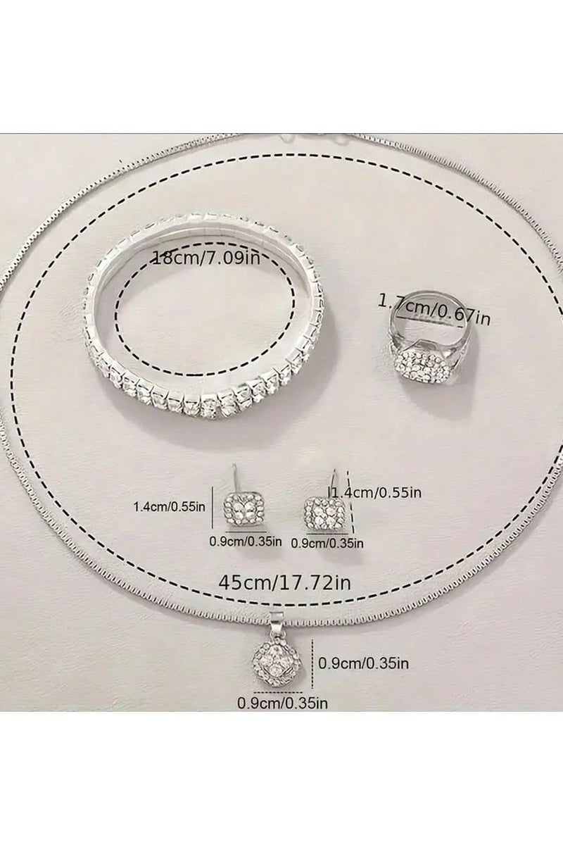 Luxury women's accessory set consisting of 5 pieces, including a women's watch, bracelet, necklace, earrings, and ring in silver color, adorned with sparkling rhinestones. Rust-resistant set, perfect for gifting to a loved one, as a graduation gift, birthday gift, and for all special occasions. Box not included - Image 3