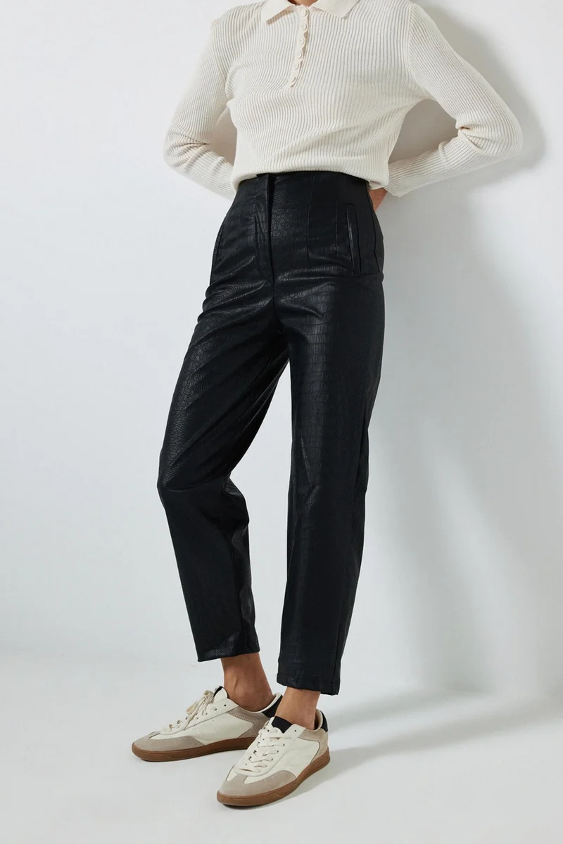 Touche Crocodile Pattern High Waist Leather Trousers