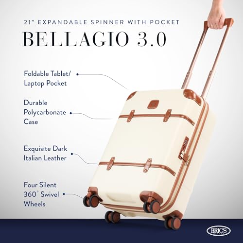 Bric's Bellagio 3.0 Spinner Trunk - Luxury Hardshell Luggage with Large Wheels, Telescopic Handle, Leather Detailing - Expandable Rolling Suitcase - 21" Carry On - Cream - Image 2
