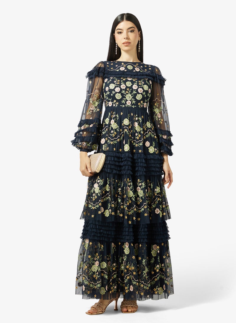 مايا فستان ماكسي مطرز بكشكشة فاخر بأكمام طويلة - Image 4