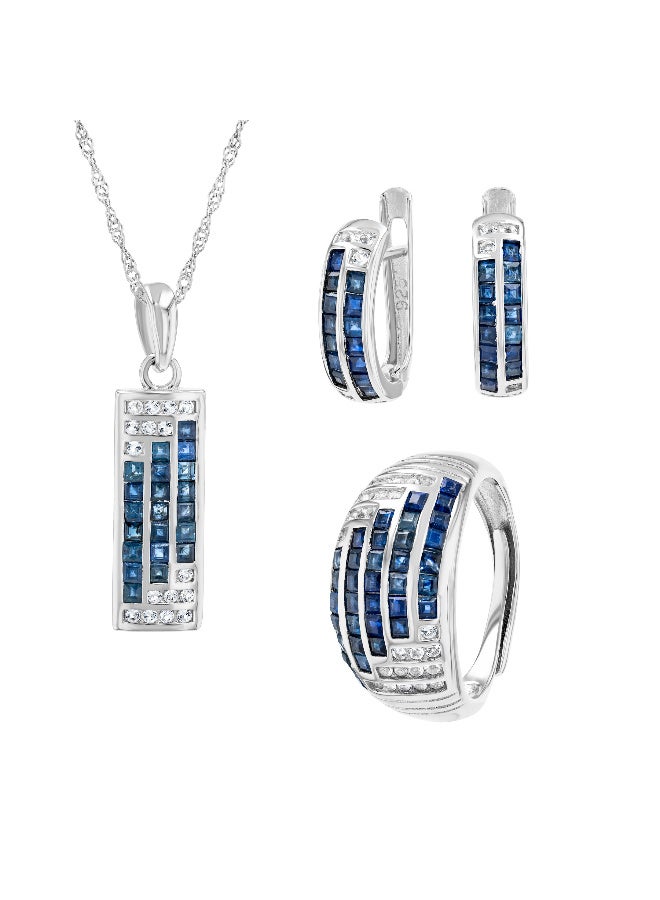 Genuine Blue Sapphire Silver Set Ring, Pendant & Earrings (9.08 ct)
