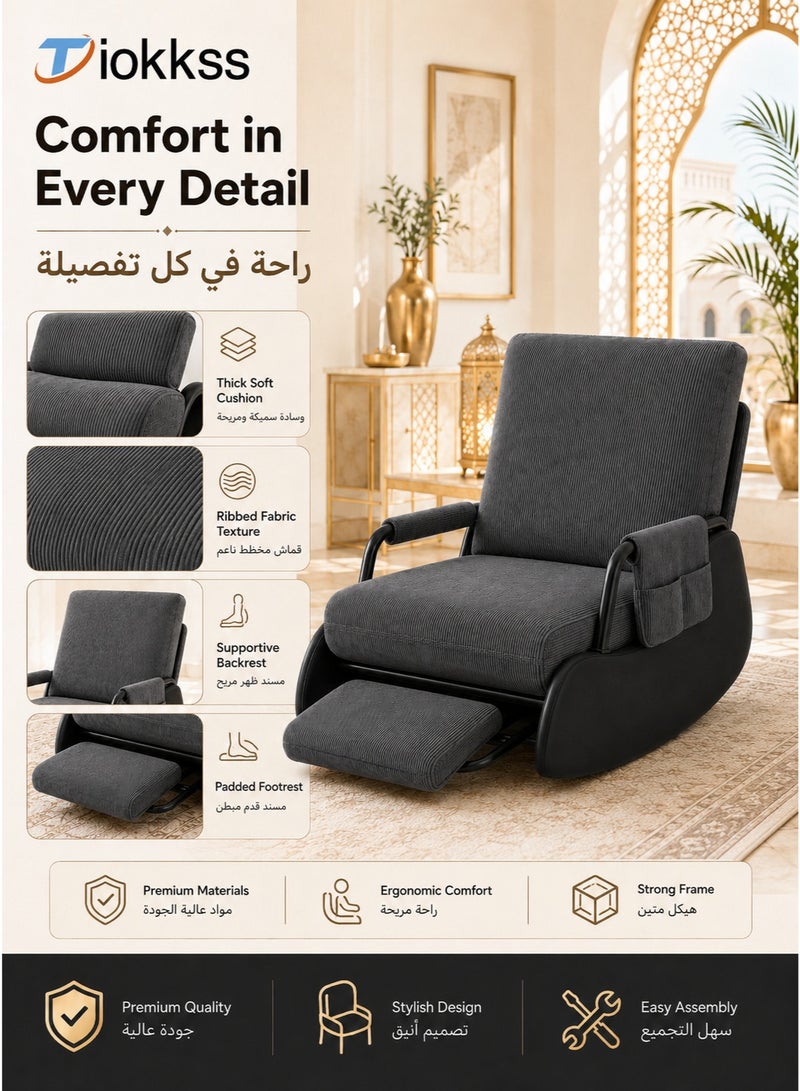 Tiokkss Dark Grey Rocking Lounge Chair with Pull-Out Padded Footrest, Side Storage Pocket, Soft Cushion, Padded Armrests & Black Rocking Base for Living Room, Bedroom, Balcony - Image 4