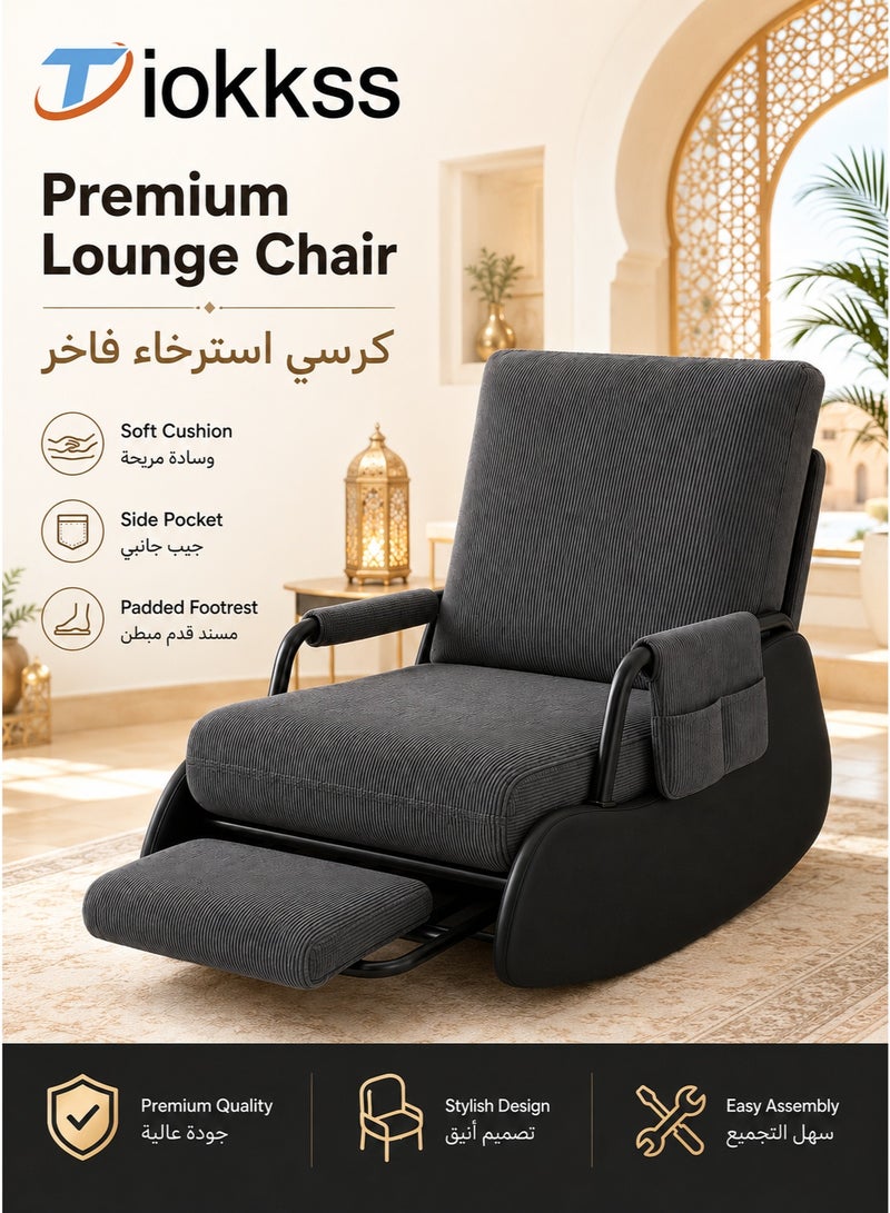 Tiokkss Dark Grey Rocking Lounge Chair with Pull-Out Padded Footrest, Side Storage Pocket, Soft Cushion, Padded Armrests & Black Rocking Base for Living Room, Bedroom, Balcony - Image 1