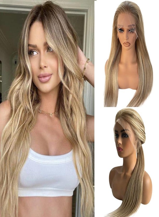 Smartinnov Balayage Blonde Wig Human Hair 26Inch Pre Plucked 13x4 HD Lace Front Glueless Ombre Ash Blonde Wigs for Women 150% Density Ash Brown to Blonde with Light Brown Roots Highlights - Image 1