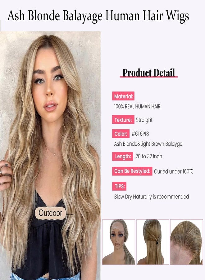 Smartinnov Balayage Blonde Wig Human Hair 26Inch Pre Plucked 13x4 HD Lace Front Glueless Ombre Ash Blonde Wigs for Women 150% Density Ash Brown to Blonde with Light Brown Roots Highlights - Image 5