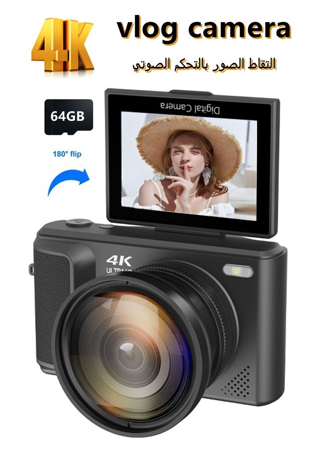 Generic - Digital Camera, 4K Vlogging Camera, Kids Camera 64MP Point and Shoot Digital Cameras with 64GB TF Card, 16X Zoom,Voice-controlled shutter - Image 1