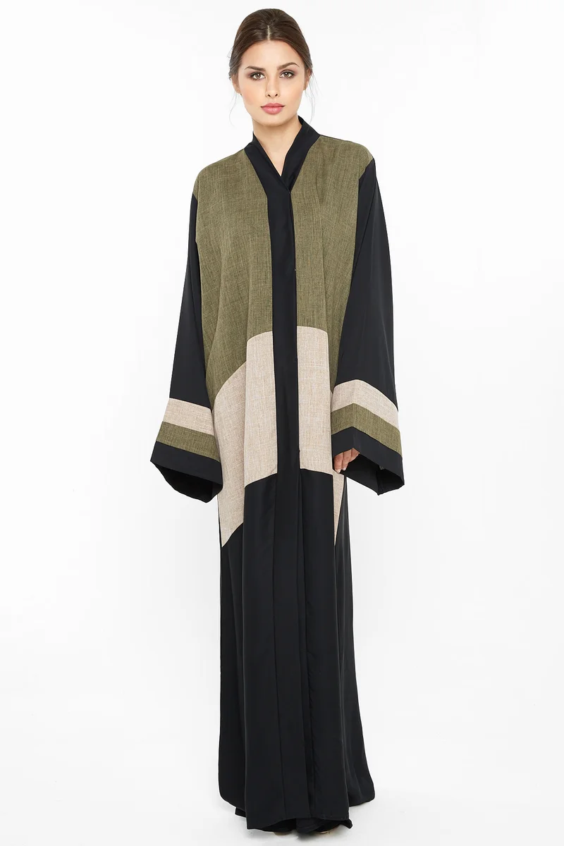 A casual stripe cut abaya in black ; dull green and cream khaki-Aj386A