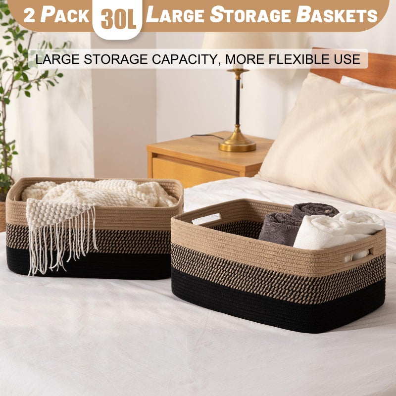 OIASKET Large Storage Basket for Organizing, Woven Rope Basket for Shelves, Closet Organizer Bins for Clothes, Blanket, Toys, Baby Nursery Storage, 17.7" x 13" x 7.87", 2 Packs Black & Brown - Image 4