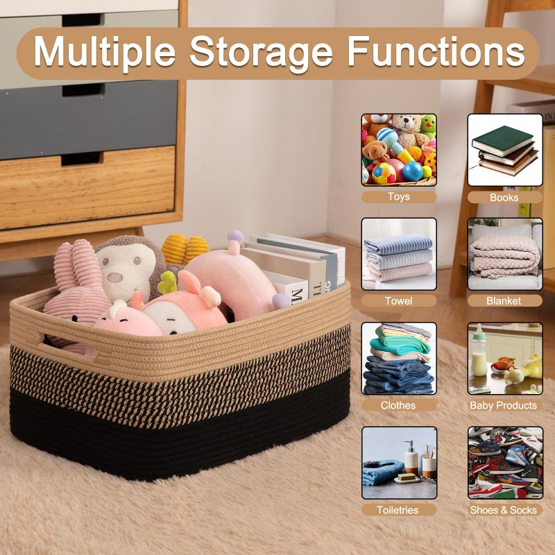 OIASKET Large Storage Basket for Organizing, Woven Rope Basket for Shelves, Closet Organizer Bins for Clothes, Blanket, Toys, Baby Nursery Storage, 17.7" x 13" x 7.87", 2 Packs Black & Brown - Image 3