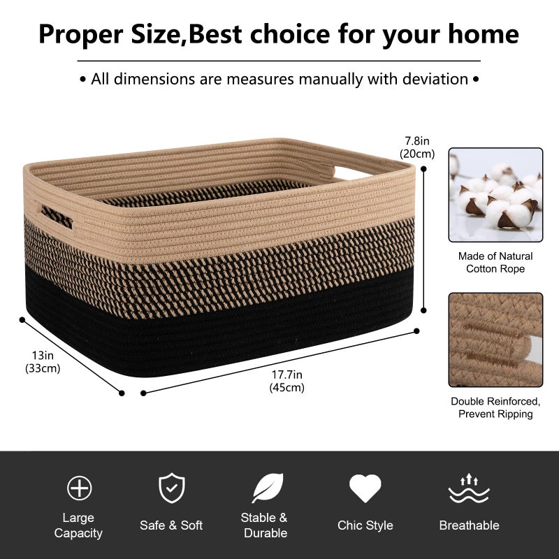 OIASKET Large Storage Basket for Organizing, Woven Rope Basket for Shelves, Closet Organizer Bins for Clothes, Blanket, Toys, Baby Nursery Storage, 17.7" x 13" x 7.87", 2 Packs Black & Brown - Image 2