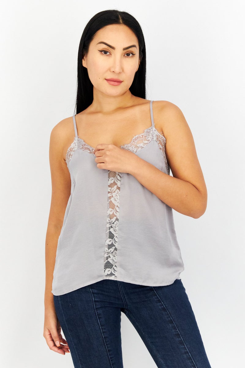 NA-KD Women V-Neck Sleeveless Textured Top, Grey - Image 1