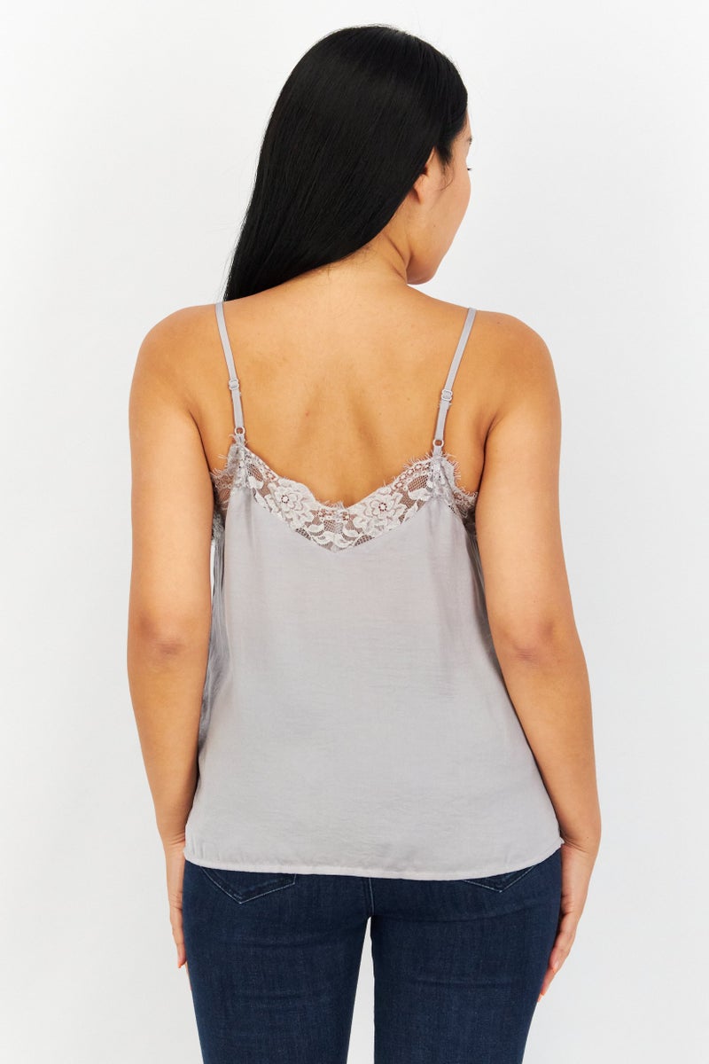 NA-KD Women V-Neck Sleeveless Textured Top, Grey - Image 3