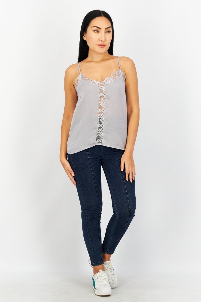 NA-KD Women V-Neck Sleeveless Textured Top, Grey - Image 2