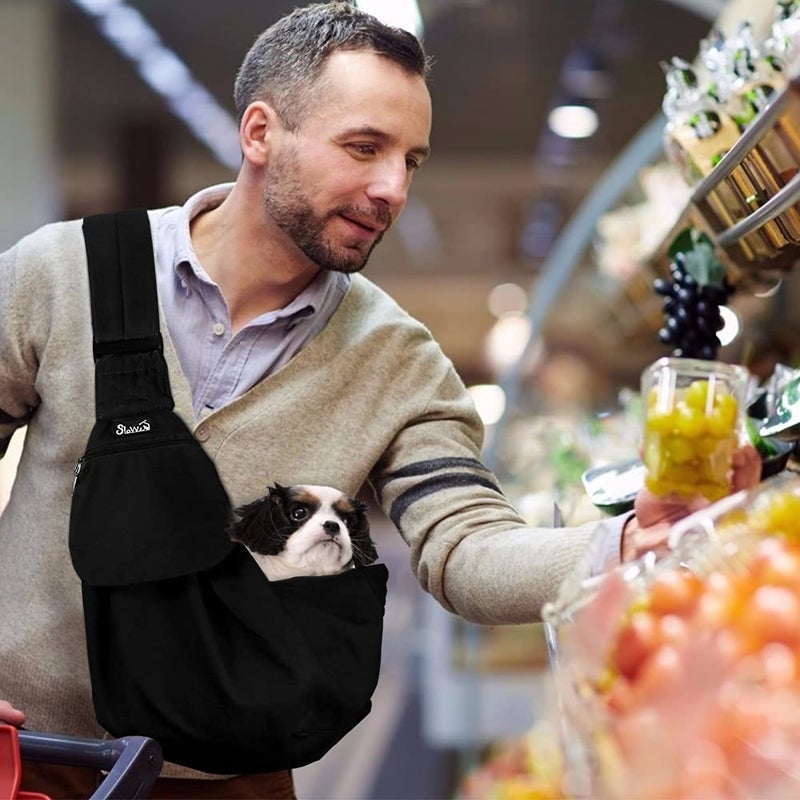 Lukovee Pet Sling, Hand Free Dog Sling Carrier Adjustable Padded Strap Tote Bag Breathable Cotton Shoulder Bag Front Pocket Safety Belt Carrying Small Dog Cat Puppy Machine Washable (Black, L) - Image 2