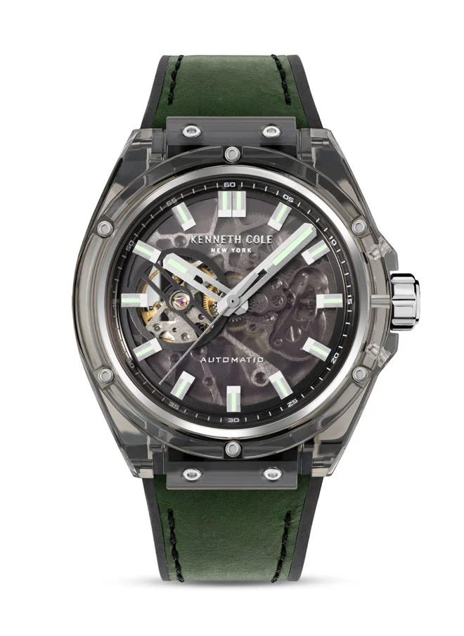 Kenneth Cole New York Kenneth Cole New York 44mm Automatic Men's Watch with Translucent Black Dial & Green, Black Silicone Strap