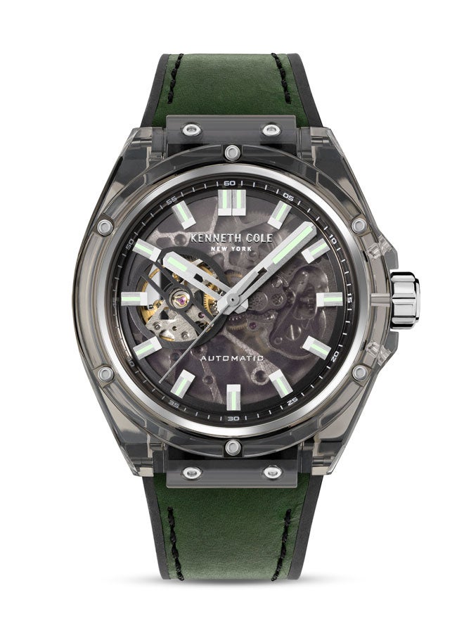 Kenneth Cole New York 44mm Automatic Men's Watch with Translucent Black Dial & Green, Black Silicone Strap