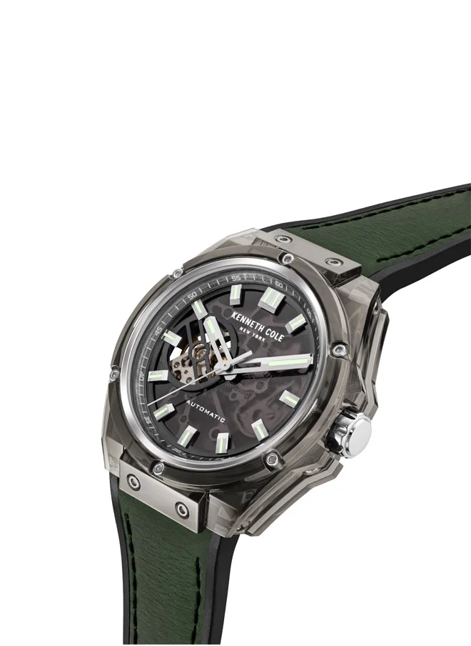 Kenneth Cole New York Kenneth Cole New York 44mm Automatic Men's Watch with Translucent Black Dial & Green, Black Silicone Strap