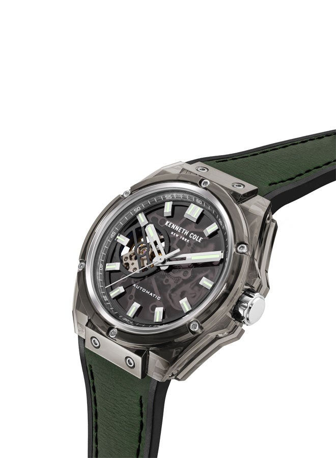 Kenneth Cole New York 44mm Automatic Men's Watch with Translucent Black Dial & Green, Black Silicone Strap
