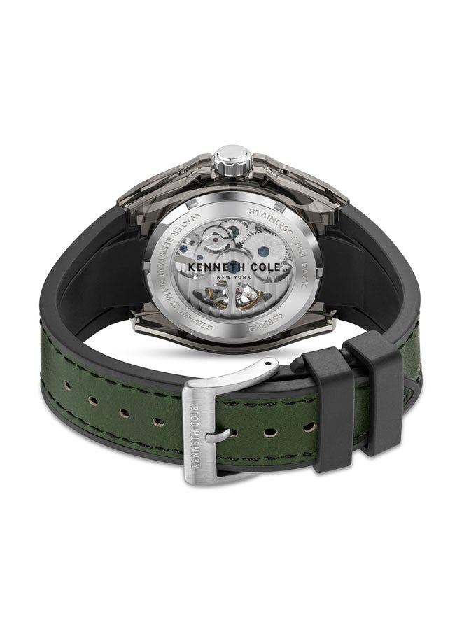 Kenneth Cole New York 44mm Automatic Men's Watch with Translucent Black Dial & Green, Black Silicone Strap