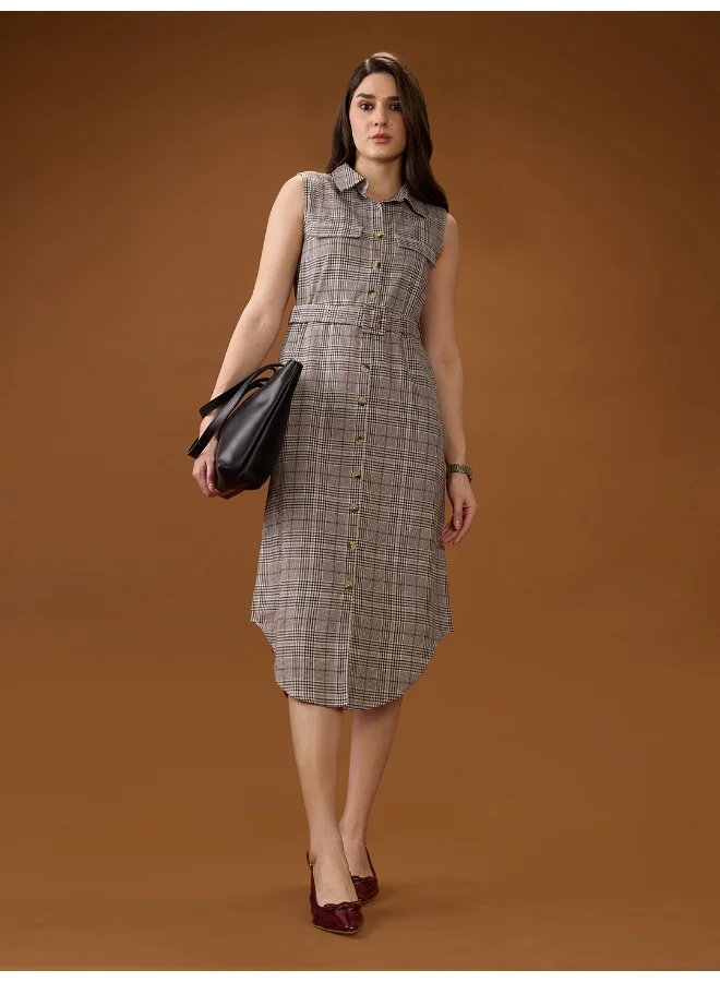 globus Globus Women Brown Collared Neck Sleeveless Checkered Curved Hem Midi Shirt Style Workwear Dress With Belt