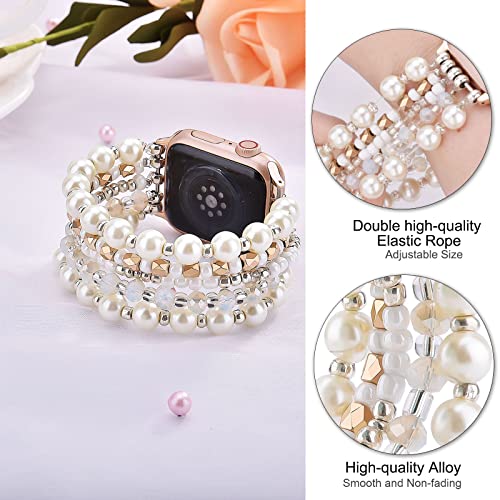 VISOOM Beaded Bracelet Compatible for Apple Watch Band 42mm/40mm/38mm/41mm Series 11 10 9 8 7 SE Series 6/5/4 Women Fashion Cute Handmade Pearl Stretchy Watch Strap for iWatch Bands Series 3/2/1 - Image 2